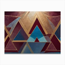 A Geometric Abstract Design With Overlapping Triangles In Shades Of Blue, Red, And Gold Canvas Print