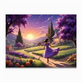 Woman In Purple Dress Walks Towards A Cottage On A Path Through A Magical Landscape Canvas Print