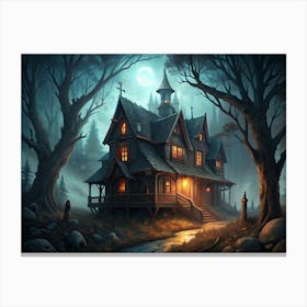 Haunted House In A Dark Forest At Night Canvas Print