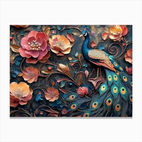 Elegant Leather Base Combines Bright Color Floral with Exotic Oriental Pattern Flowers and Peacocks 1 Canvas Print