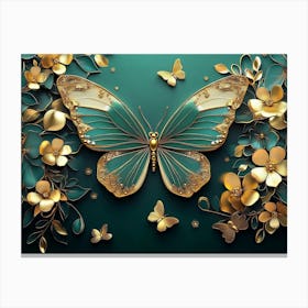 3d Abstract Floral Background with Green Flowers and Golden Butterfly 1 Canvas Print