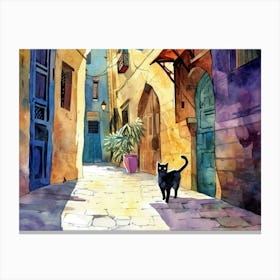 Alexandria, Egypt   Black Cat In Street Art Watercolour Painting 4 Canvas Print