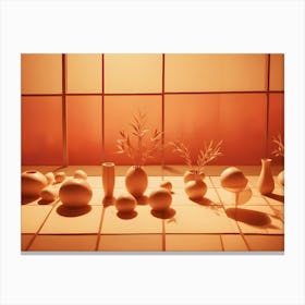 Minimalist Still Life Composition With Various Abstract Ceramic Vases And Geometric Shapes Arranged On A Tiled Floor, Bathed In Warm, Orange Light Canvas Print