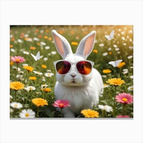 An Adorable White Rabbit Wearing Sunglasses Sits In A Field Of Colorful Flowers, With Butterflies Fluttering Nearby Canvas Print