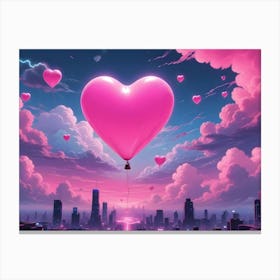 Heart Shaped Balloon Flying Over A City At Sunset Canvas Print