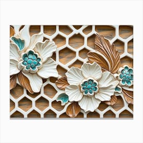 Oak Artwork Adorned With White Lattice, Turquoise Accents and Floral Hexagonal Patterns Canvas Print