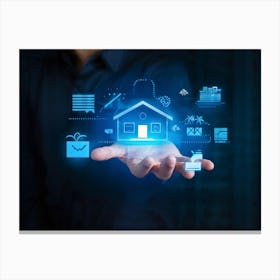 Artificial Intelligence Concept Visualized As A Hand Holding A Glowing Blue Diagram Of A Smart Home (2) Canvas Print