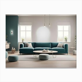 A Modern Living Room With A Teal Wall, A Teal Sofa, And A Wooden Coffee Table Canvas Print