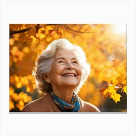 Elderly Woman Radiating Joy Amidst Crisp Autumn Leaves Close Up Orange Yellow Foliage Surrounding (5) Canvas Print