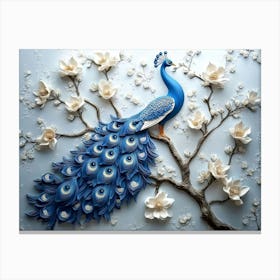 3d Blue Peacock On Branch Art With Flowers Canvas Print