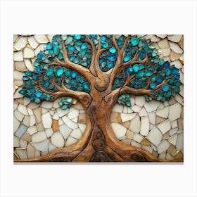 Fantasy 3d On Wooden Oak With White Lattice Tiles, Tree With Kaleidoscopic Leaves In Turquoise 1 Canvas Print