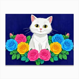 White Cat With Roses Canvas Print