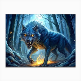 Fierce Blue Wolf With Burning Flames Canvas Print