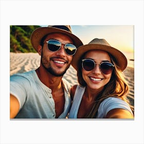 Happy Couple Taking Selfie On The Beach Canvas Print