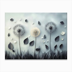 Black Dandelion and Leaves 3d Art On Gray Background Canvas Print