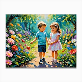 Two Children In The Garden Canvas Print