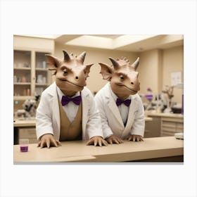 Two Dinosaurs Wearing Lab Coats And Bow Ties Stand At A Laboratory Counter Canvas Print