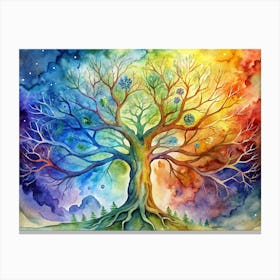 Watercolor Illustration Of A Tree With Colorful Branches, Flowers, And A Night Sky Background Canvas Print