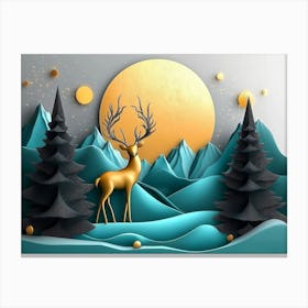 3d Modern Art with Christmas Tree, Golden Lines and Mountain and Birds in Blue Marble 1 Canvas Print