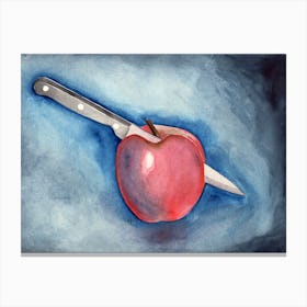 Knife In Apple Watercolor Painting Still Life Blue Red Kitchen Dining Horizontal Hand Painted Canvas Print