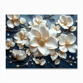 Sophisticated 3d Artwork Design, White and Blue Tones, Golden Jewelry, Floral Motifs 1 Canvas Print