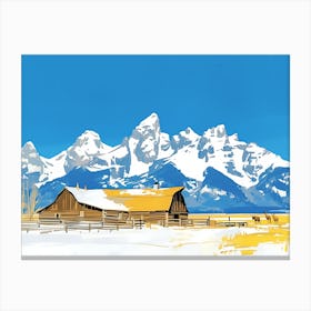 Rustic Barn in Front of Snow Capped Mountains Canvas Print
