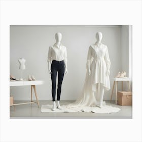 Photo Of Two Mannequins In A White Room With A Table, Shoes, And Bags, Showcasing Fashion Items Canvas Print