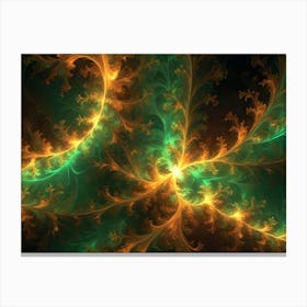 An Abstract Fractal Image Featuring Swirling, Glowing Lines And Shapes In Shades Of Green And Orange On A Dark Background Canvas Print