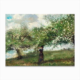 Girl Picking Apple Blossoms Vintage Floral Painting Canvas Print