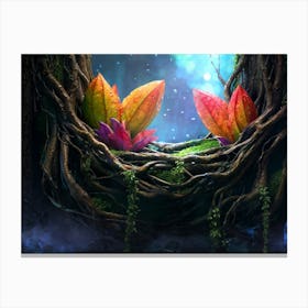 Quirky Leaf Creature Splashed With Vibrant Colors Nestled In A Fantasy Landscape Gnarled Tree Roo Canvas Print