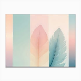 Minimalist Design Featuring Three Pastel Colored Feathers Against A Gradient Background In Shades Of Pink, Blue, And Beige Canvas Print