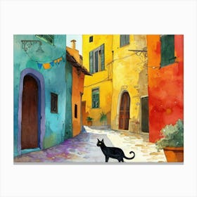 Black Cat In Sassari, Italy, Street Art Watercolour Painting 4 Canvas Print