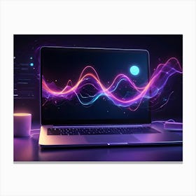 A Laptop With A Glowing Screen Displaying A Colorful Abstract Waveform, Accompanied By A Coffee Cup And A Mouse Canvas Print