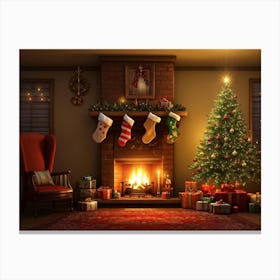 Cozy Christmas Eve Setting Crackling Fireplace Aglow In Living Room Corner Sparkling Tree Adorned 2 Canvas Print