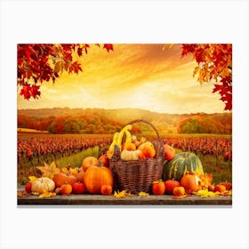 Autumnal Farm Landscape Pumpkins And Cornstalks Surround A Rustic Wooden Basket Filled With Apples (1) Canvas Print