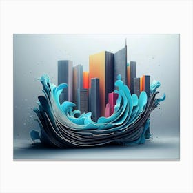 3d Artwork Of Skyline And Waves 1 Canvas Print