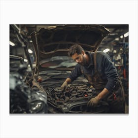Mechanic Working On A Car Canvas Print
