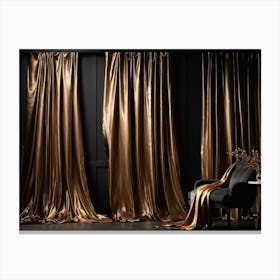 Curving Gold Drapery Cascades Down A Rich Brown Wall The Silken Material Emulating The Fluidity And (2) Canvas Print