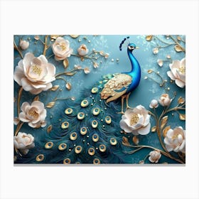 3d Peacock Illustration Golden Jewelry and Flowers Canvas Print