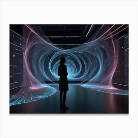 A Lone Woman Stands Silhouetted Against A Futuristic, Digital Artwork Displayed On Multiple Screens, Showcasing Swirling Blue And Pink Energy Fields Canvas Print