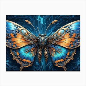 Blue And Gold Steampunk Butterfly On A Circuit Board Canvas Print