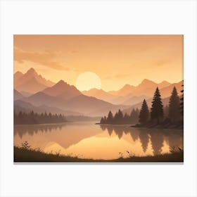 A Stylized, Digital Painting Of A Mountain Range With A Large Orange Sun In The Background Canvas Print