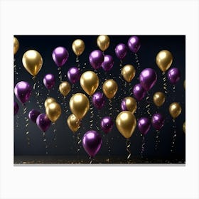 A Celebratory Scene With Floating Gold And Purple Balloons With Confetti On A Dark Background Canvas Print