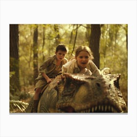 Teens Riding Dinasour 1 Canvas Print