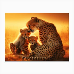 A cheetah mother grooming her cubs in the savannah Canvas Print