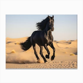 Black Arabian Horse Galloping In The Desert Canvas Print