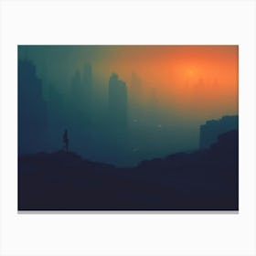 Cyberpunk City Skyline At Sunset Canvas Print