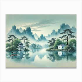 A Serene Traditional Chinese Landscape Painting With Misty Mountains In The Background 1 Canvas Print