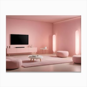 A Living Room Interior With A Pink Wall, A Tv, And Pink Furniture, Including A Sofa, Armchairs, And Ottomans Canvas Print