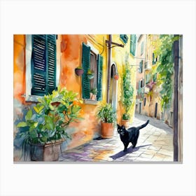 Black Cat In Udine, Italy, Street Art Watercolour Painting 1 Canvas Print